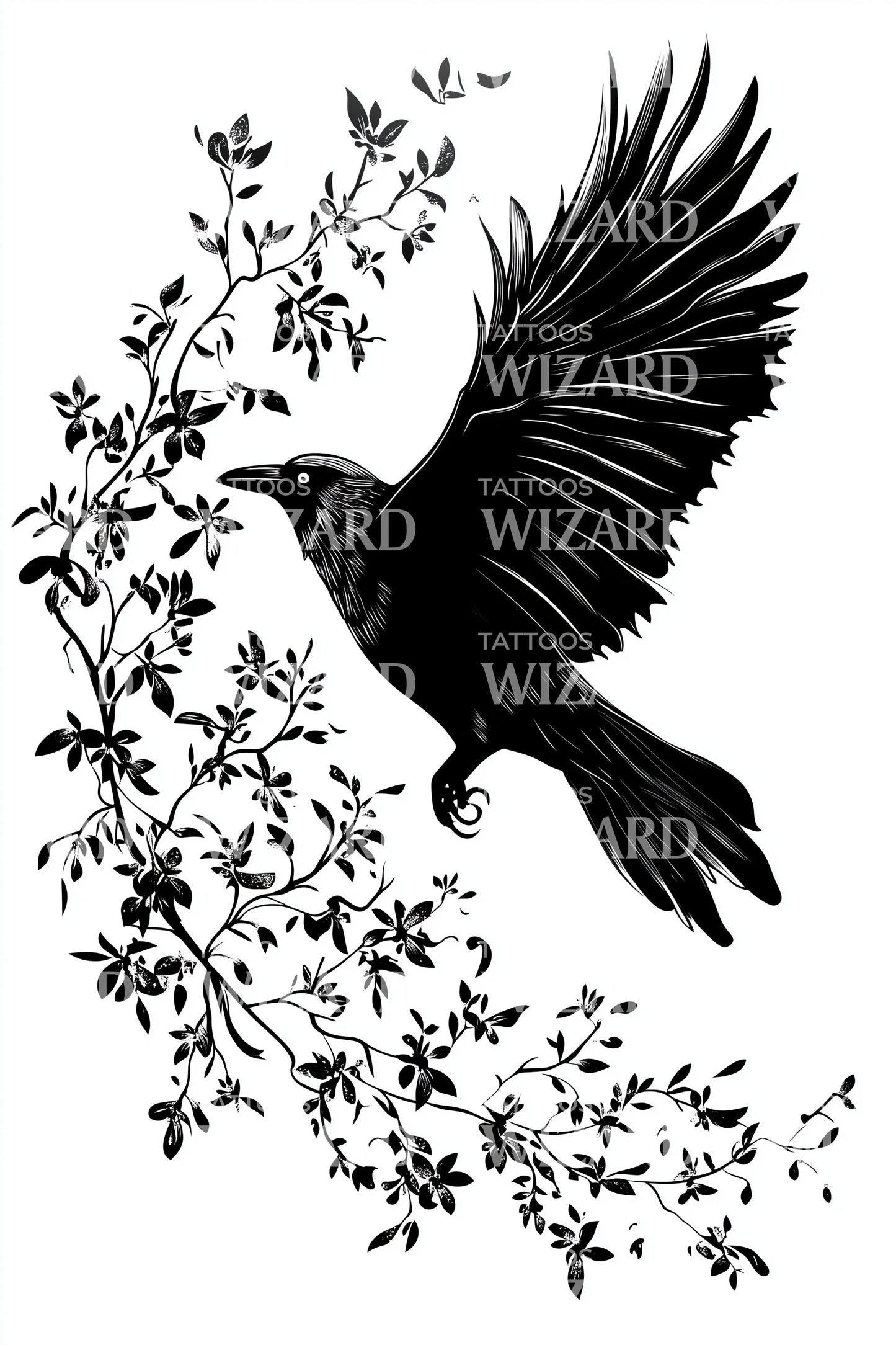 Diseño de tatuaje de arco de flor de cerezo Crow