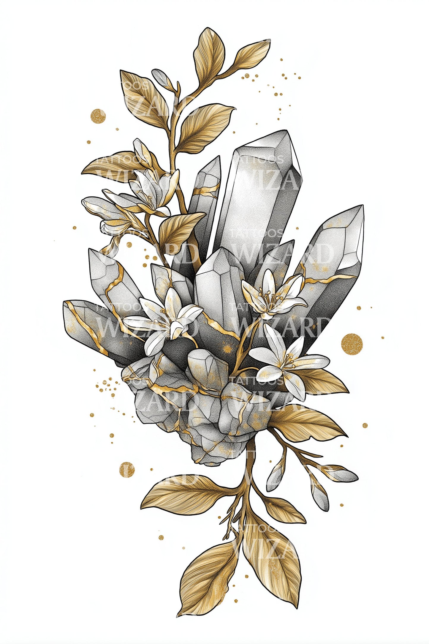 Crystal Leaf Cluster Tattoo Design