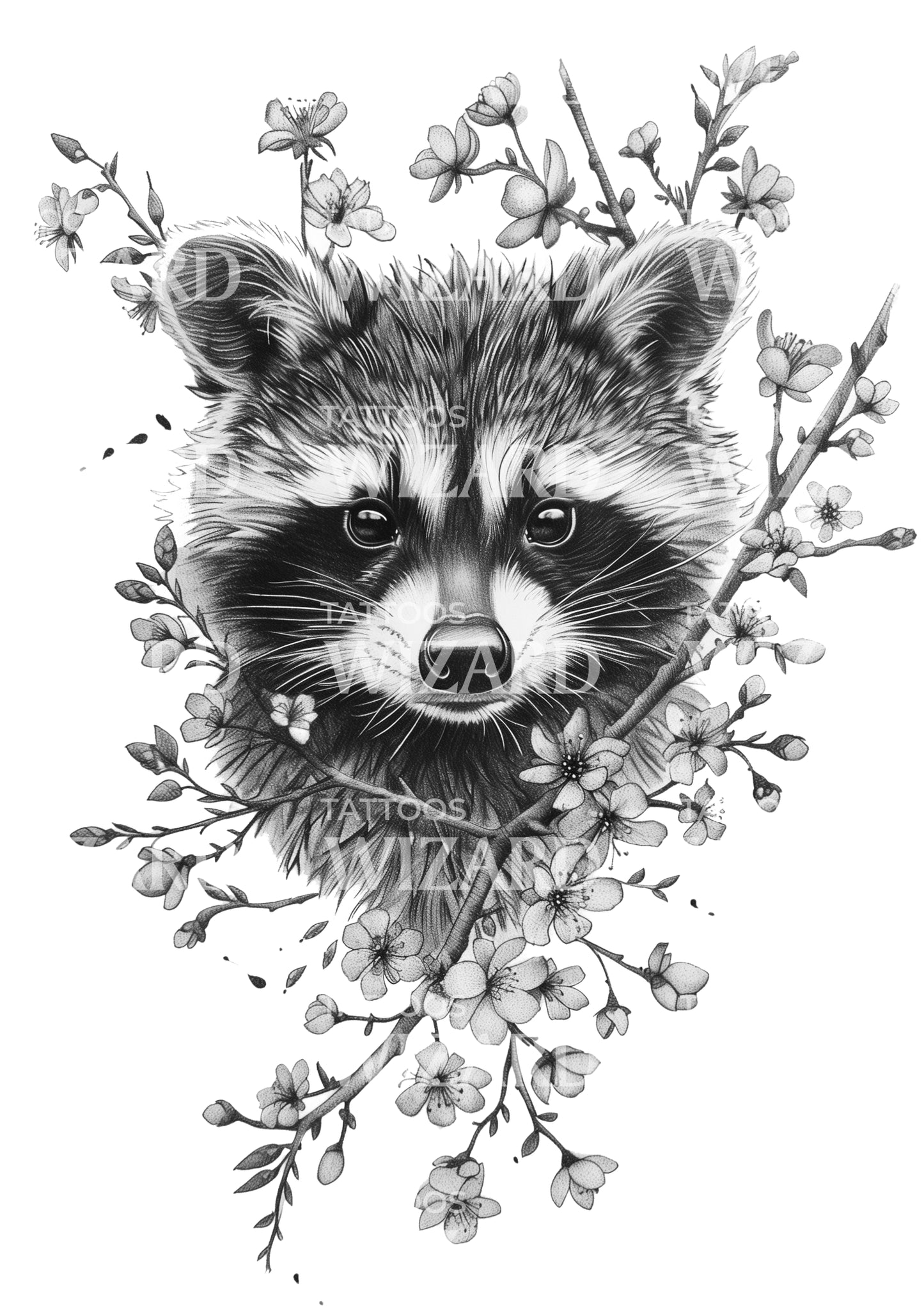 Cute Raccoon with Flowers Tattoo Idea