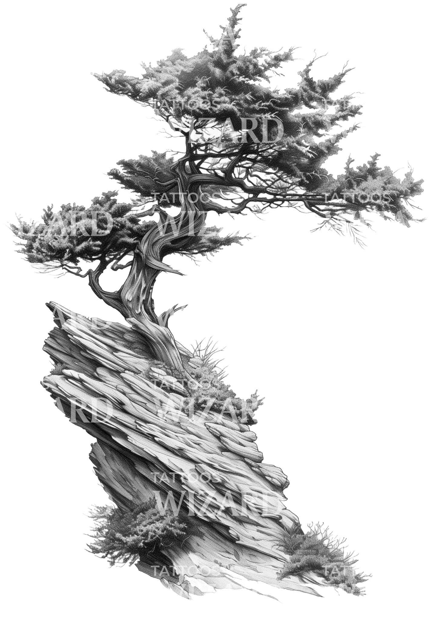 Cypress Tree on Top of a Montain Tattoo Design