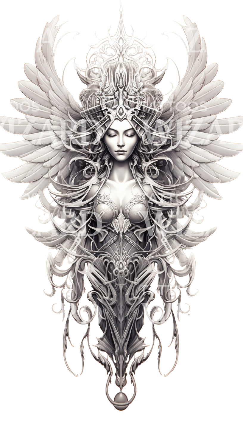 Spiritual Goddess with Wings Tattoo Design