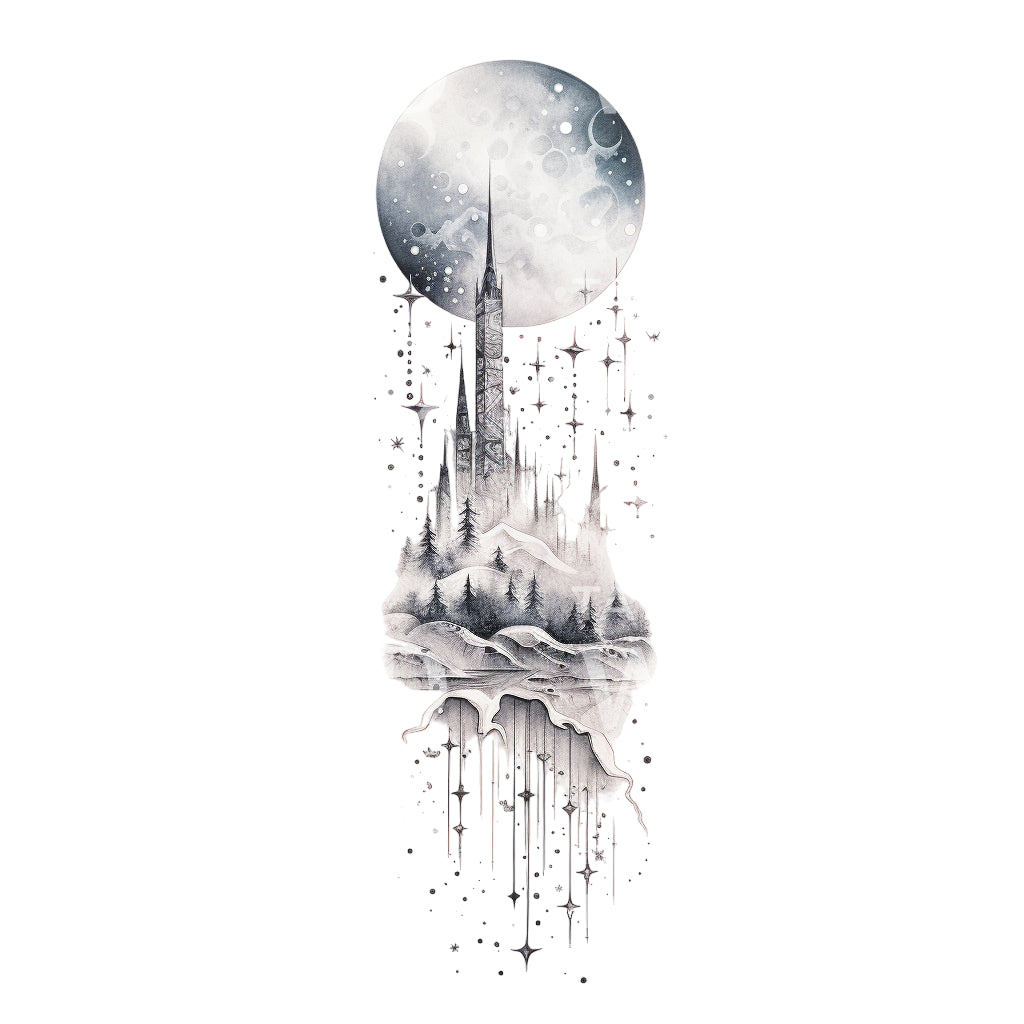 Dotwork Dreamworld City Tattoo Design