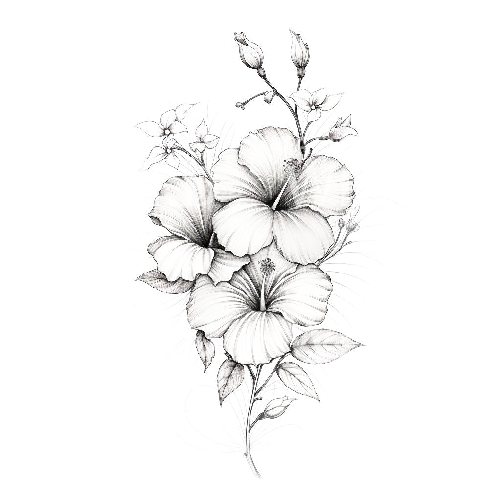 Black and Grey Ibiscus Tattoo Design