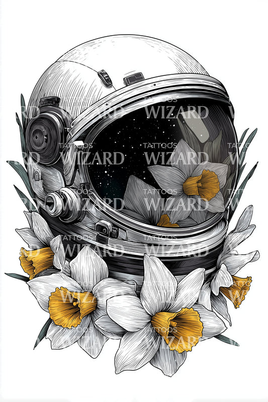 Design del tatuaggio casco passeggiata spaziale narciso
