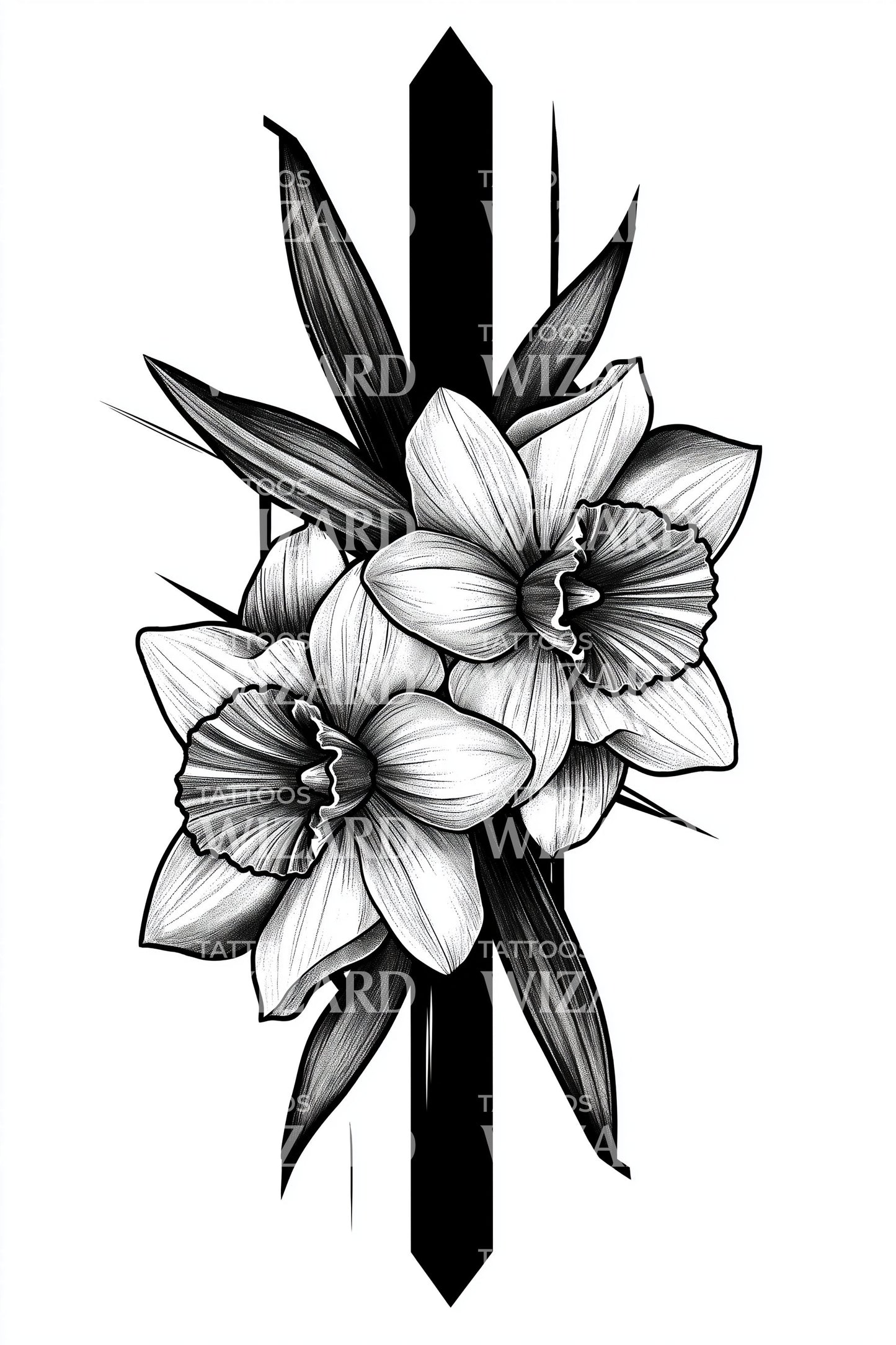 Desain Tato Klaster Garis Bunga Daffodil