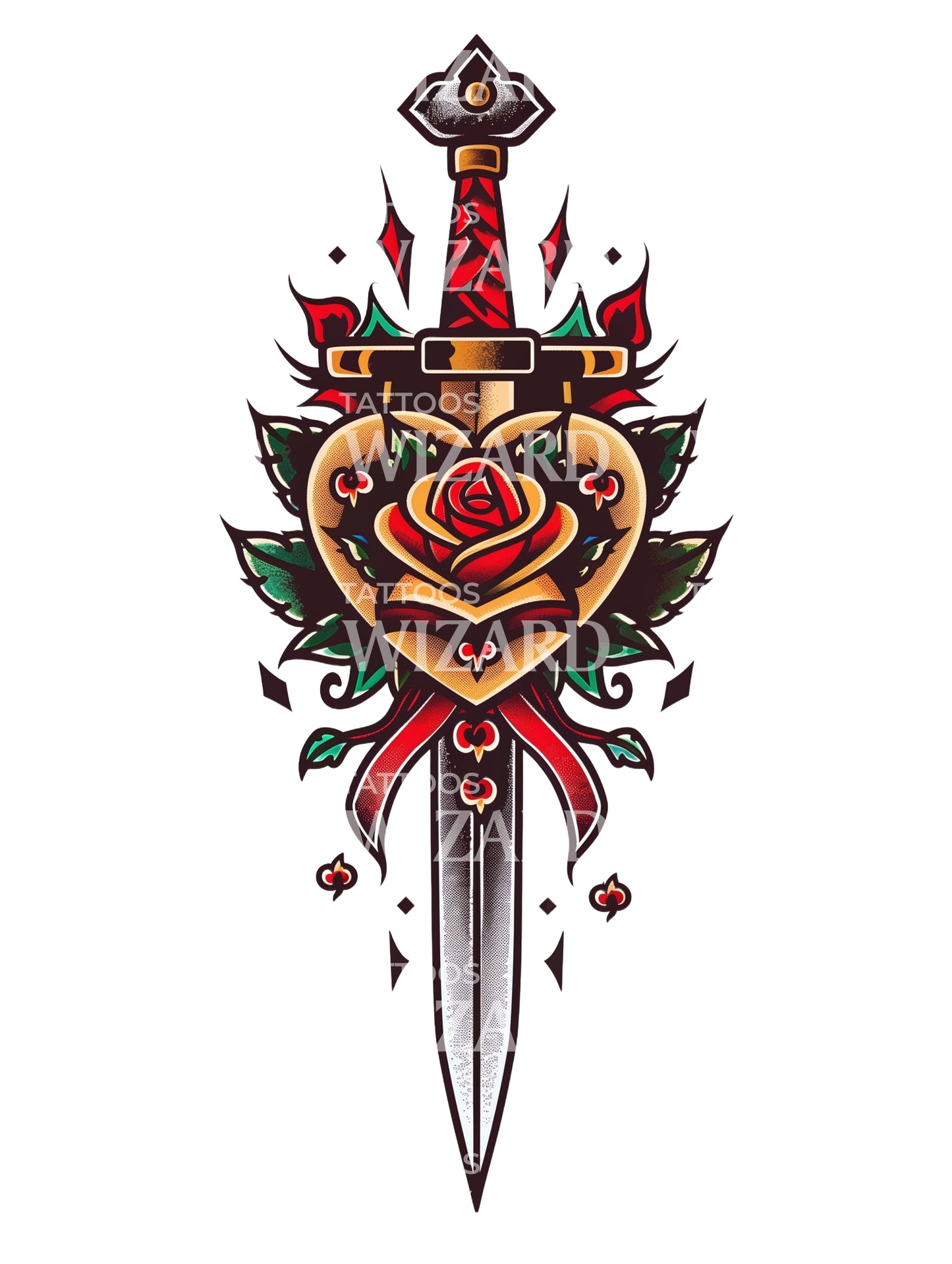Dagger with Rose Tattoo Design
