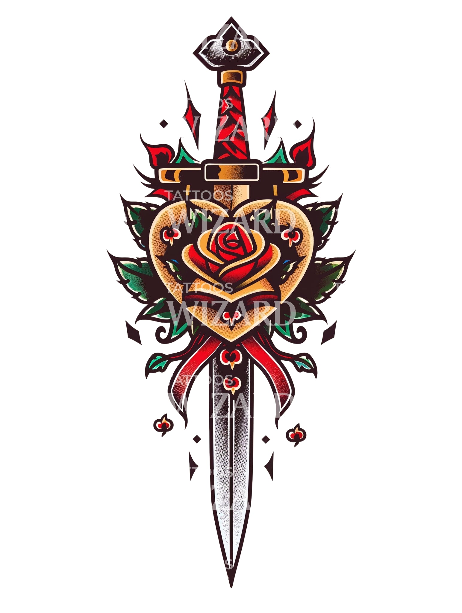 Dagger with Rose Tattoo Design