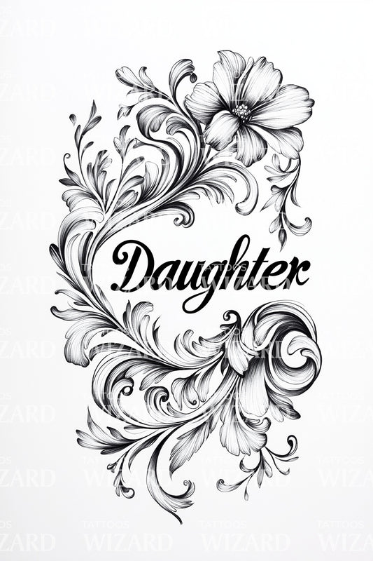 Daughter Filigree Scroll Tattoo Illustration