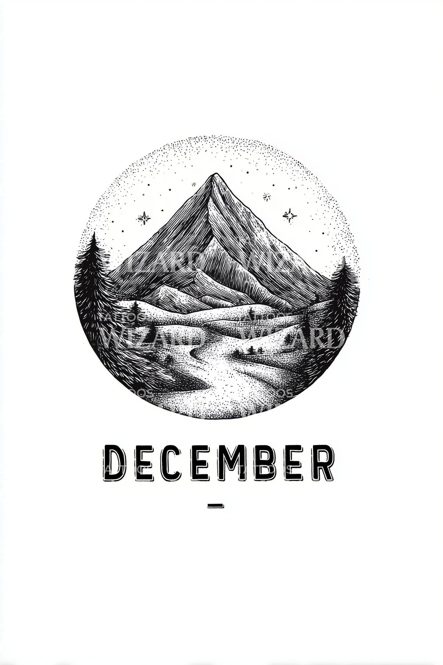 December Mountain Landscape Tattoo Design