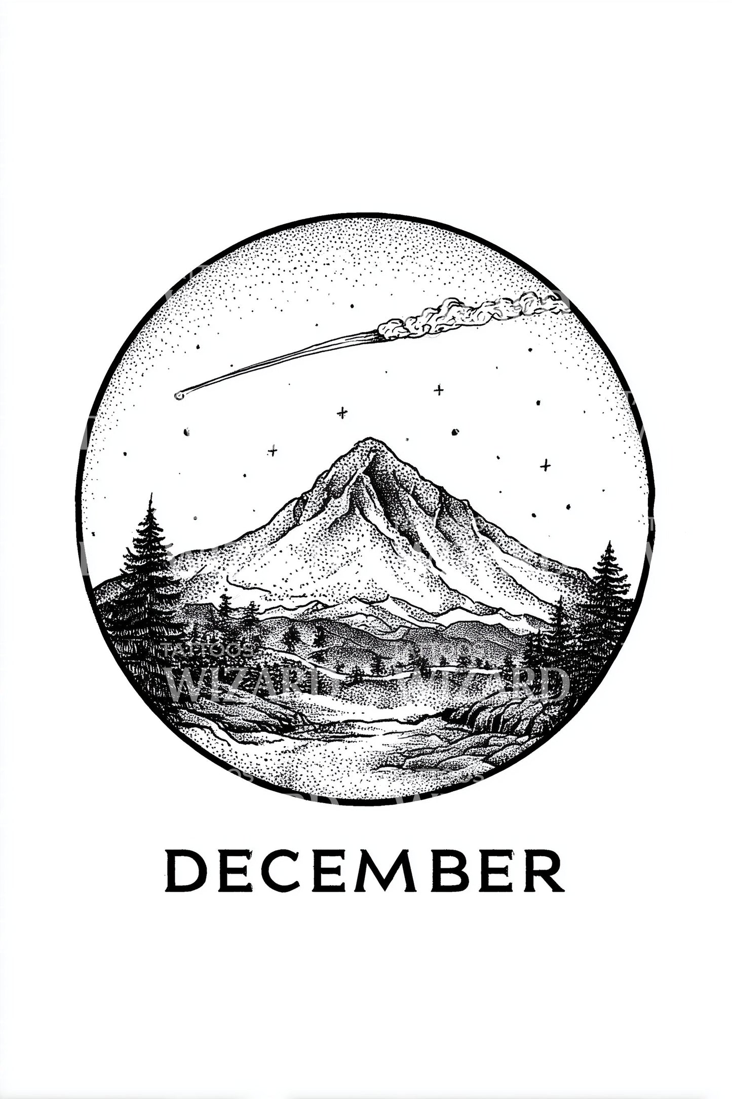 December Night Mountain Scene Tattoo Design