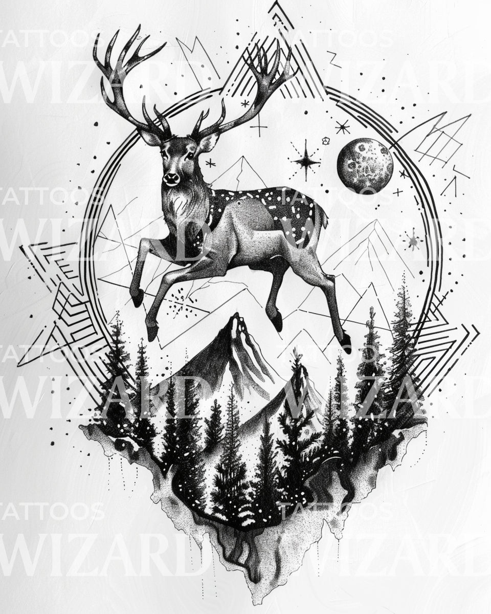 Deer and Cosmic Mountain Landscape Tattoo Design