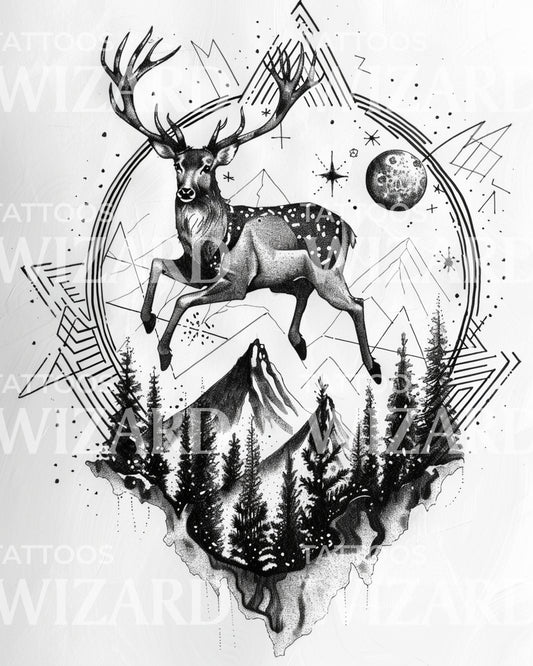 Deer and Cosmic Mountain Landscape Tattoo Design