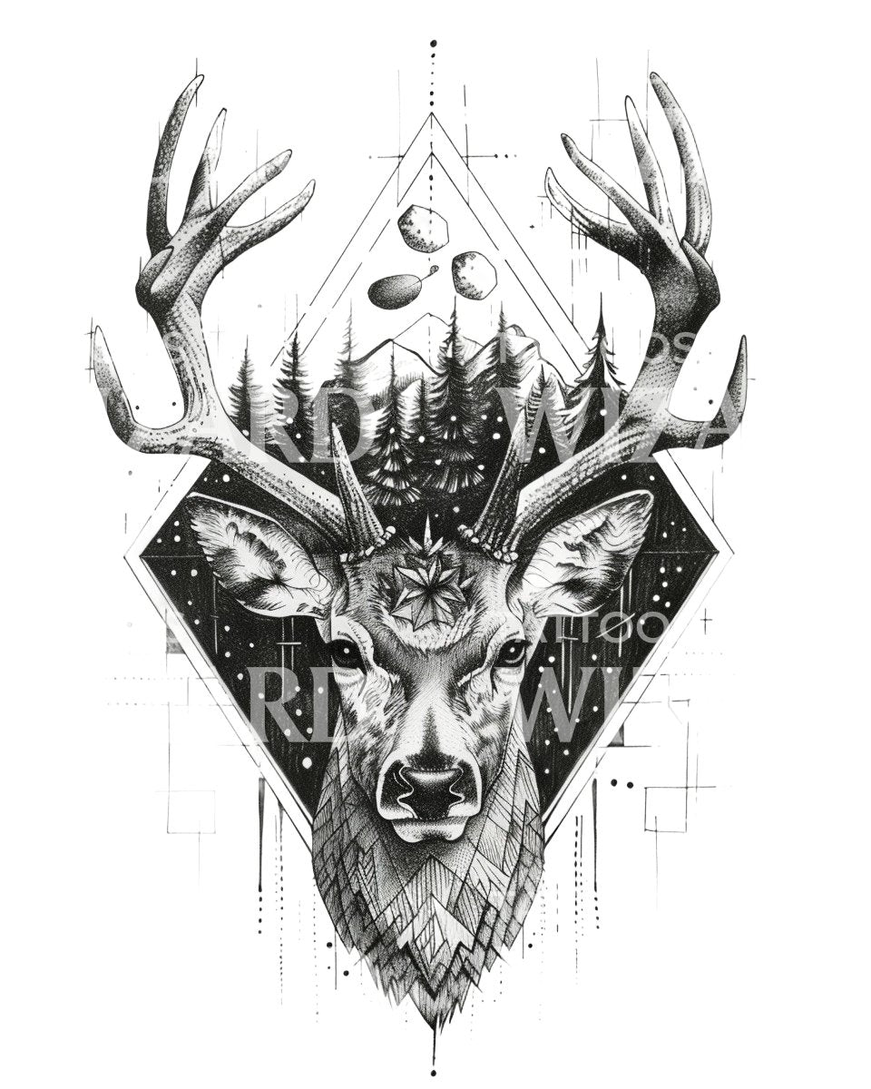 Deer Landscape Geometry Tattoo Design