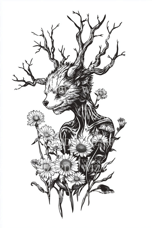 Deer Skull Floral Tattoo Design