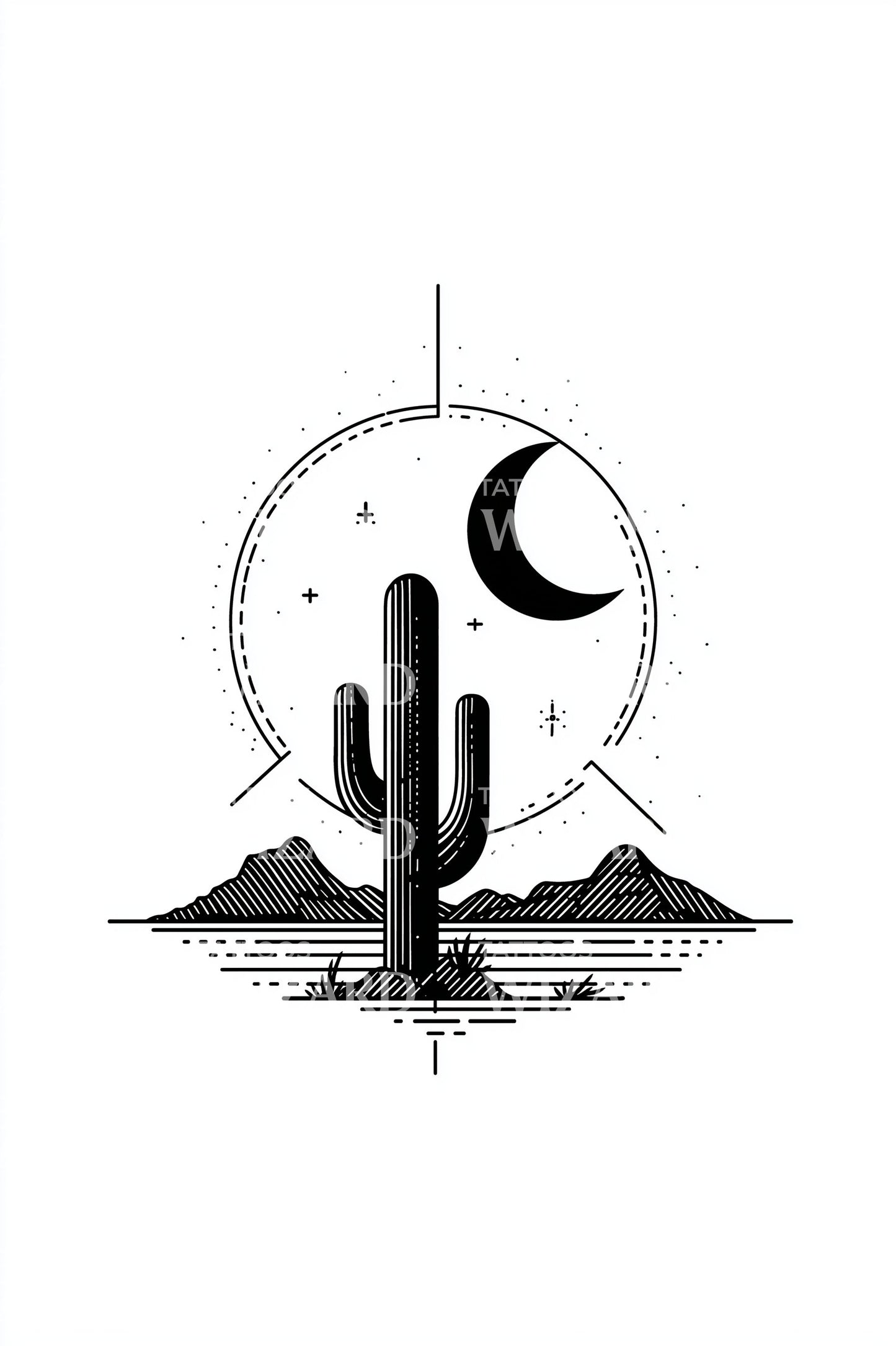 Desert Moon Cactus Circle Tattoo Illustration