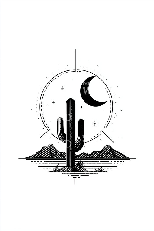 Desert Moon Cactus Circle Tattoo Illustration