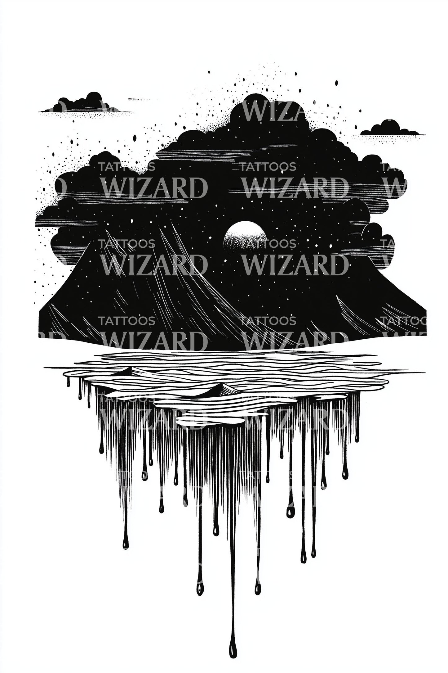 Dripping Night Lake Scene Tattoo Illustration
