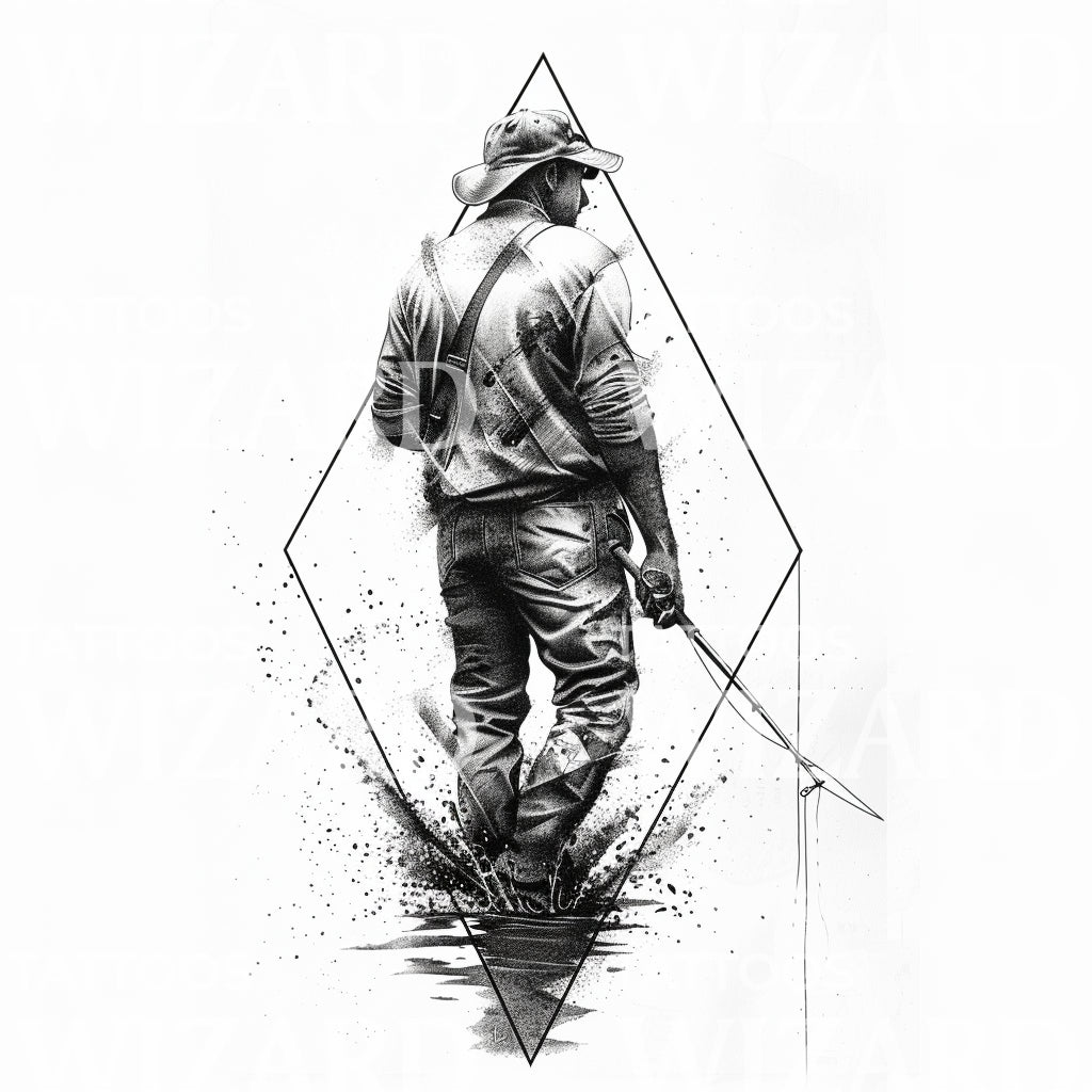 Man Fishing Dotwork Tattoo Design