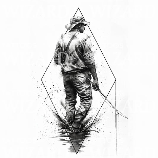Man Fishing Dotwork Tattoo Design
