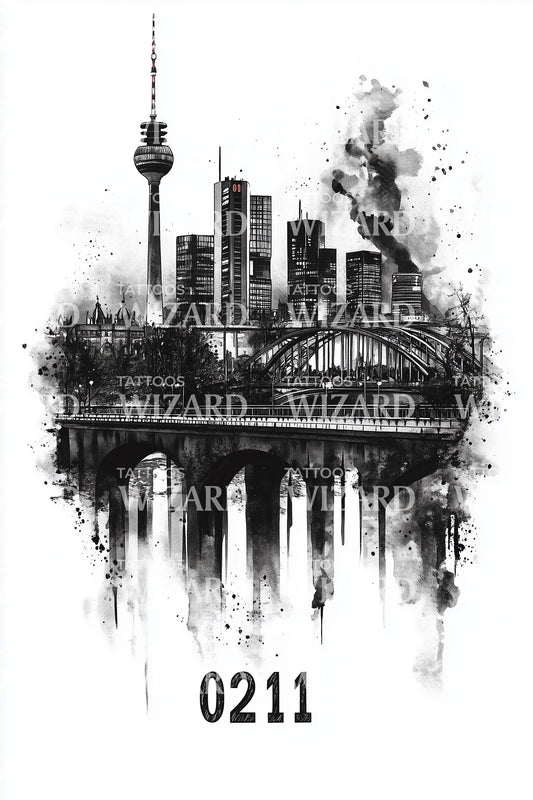Dusseldorf 0211 River Skyline Tattoo Illustration