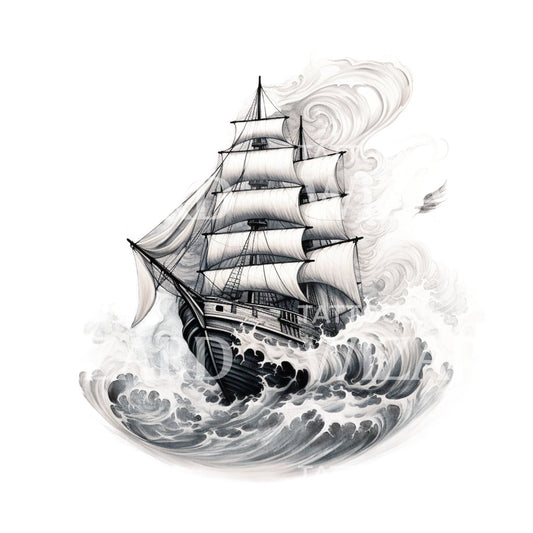 Black and Grey Ship in Storm Tattoo Design