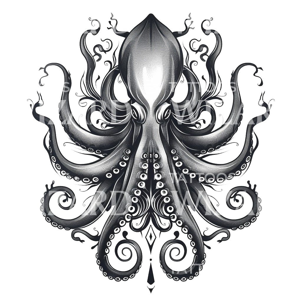 Majestic Squid Black and Grey Tattoo Design