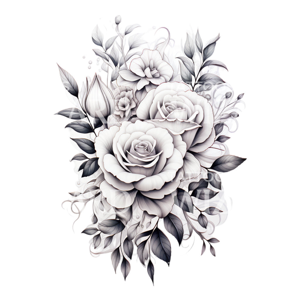 Black and Grey Roses Bouquet Tattoo Design
