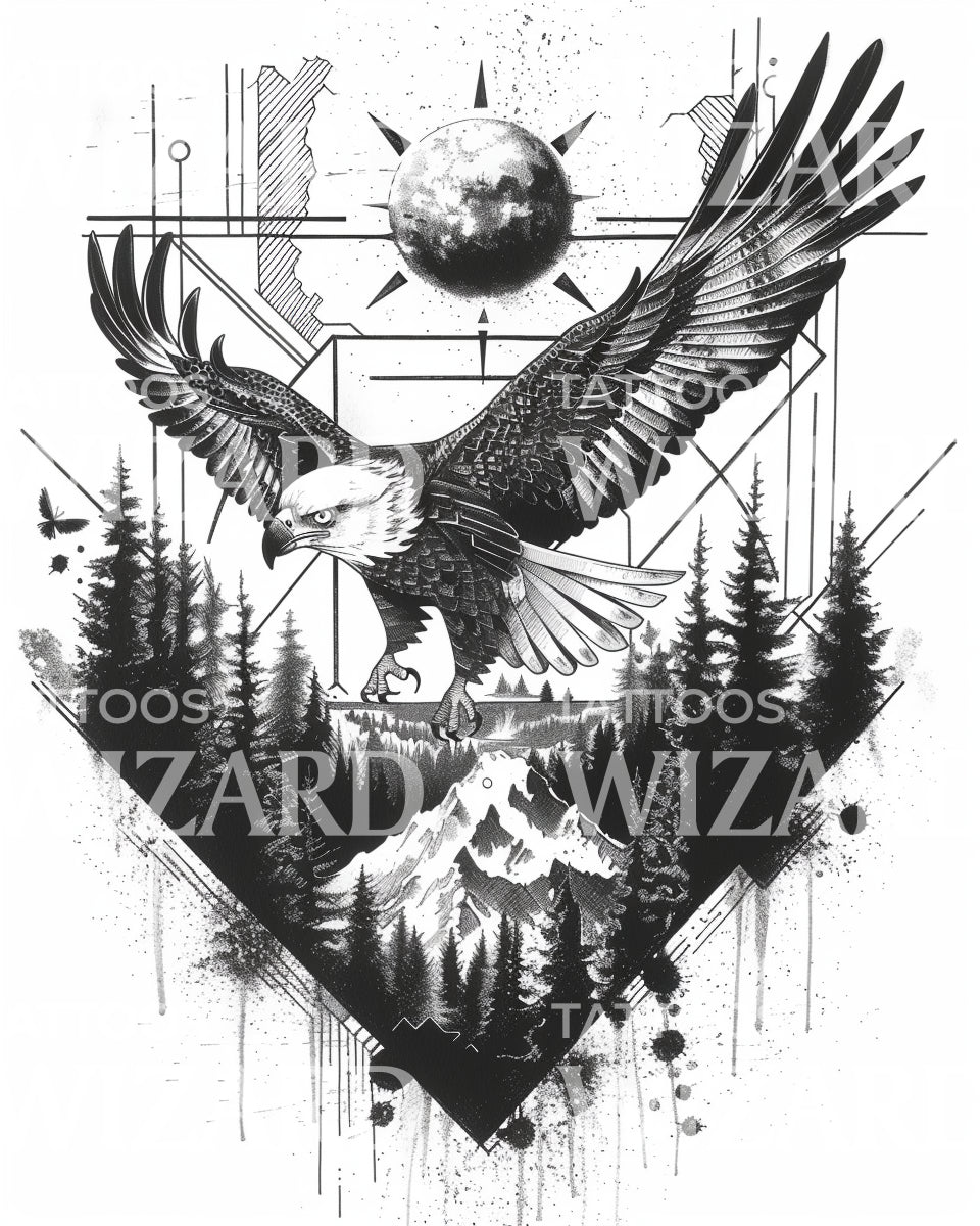 Eagle and Geometric Landscape Tattoo Design