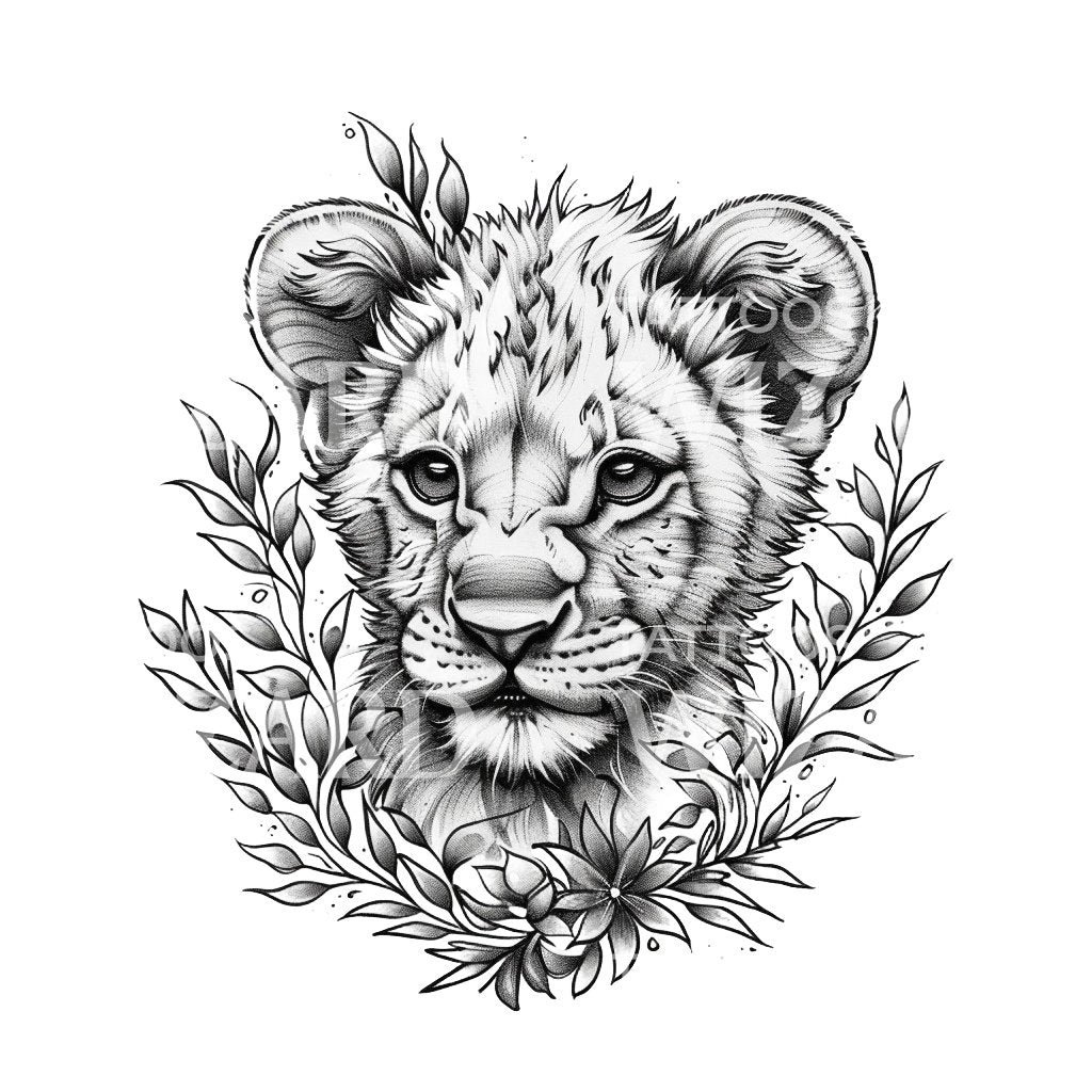 Cute Lion Cub Black and Grey Tattoo Design
