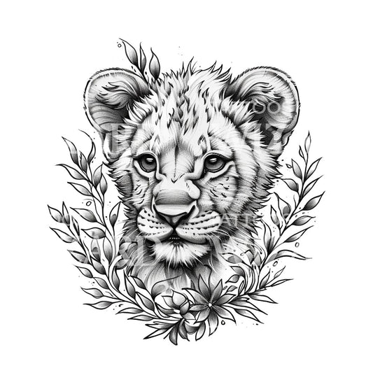 Cute Lion Cub Black and Grey Tattoo Design