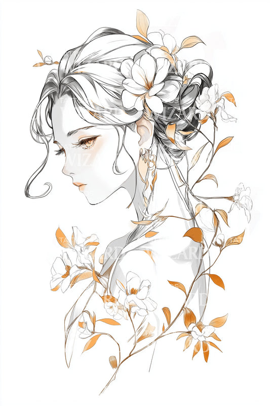 Elegant blomsterportræt tatoveringsdesign