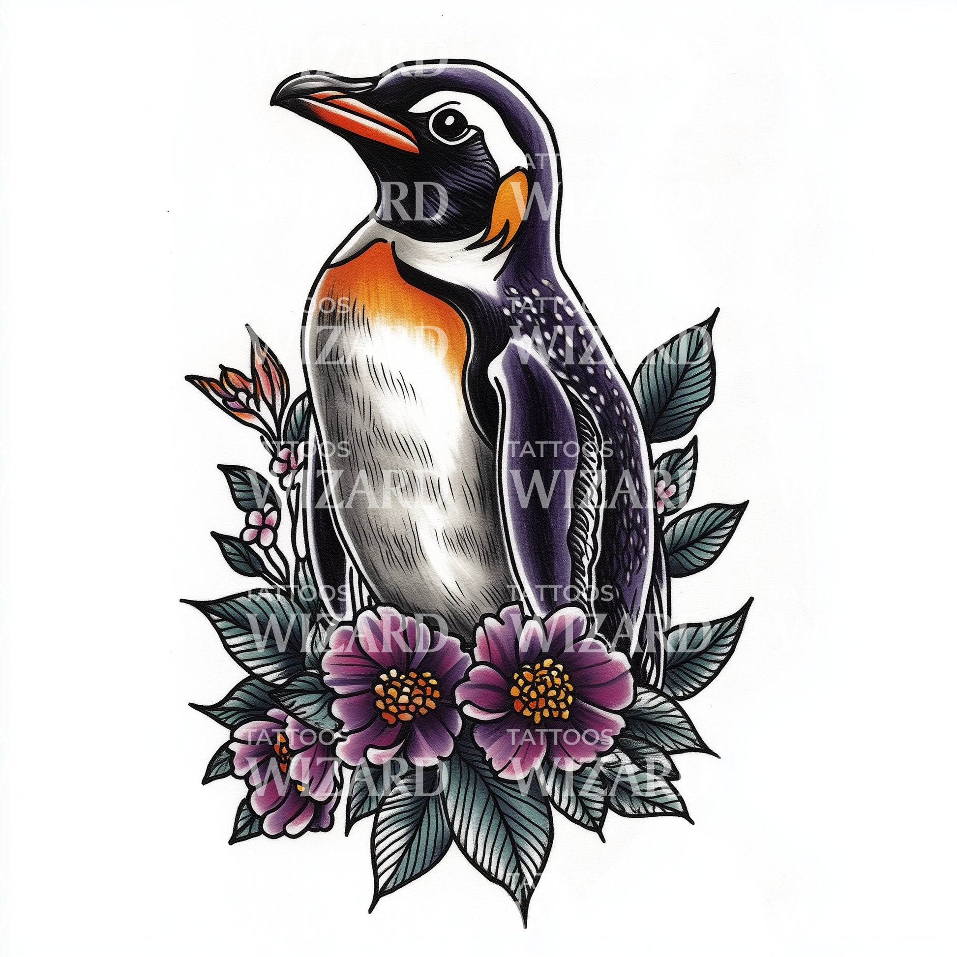 Traditional Penguin Surrounded by Flower Details Tattoo Idea