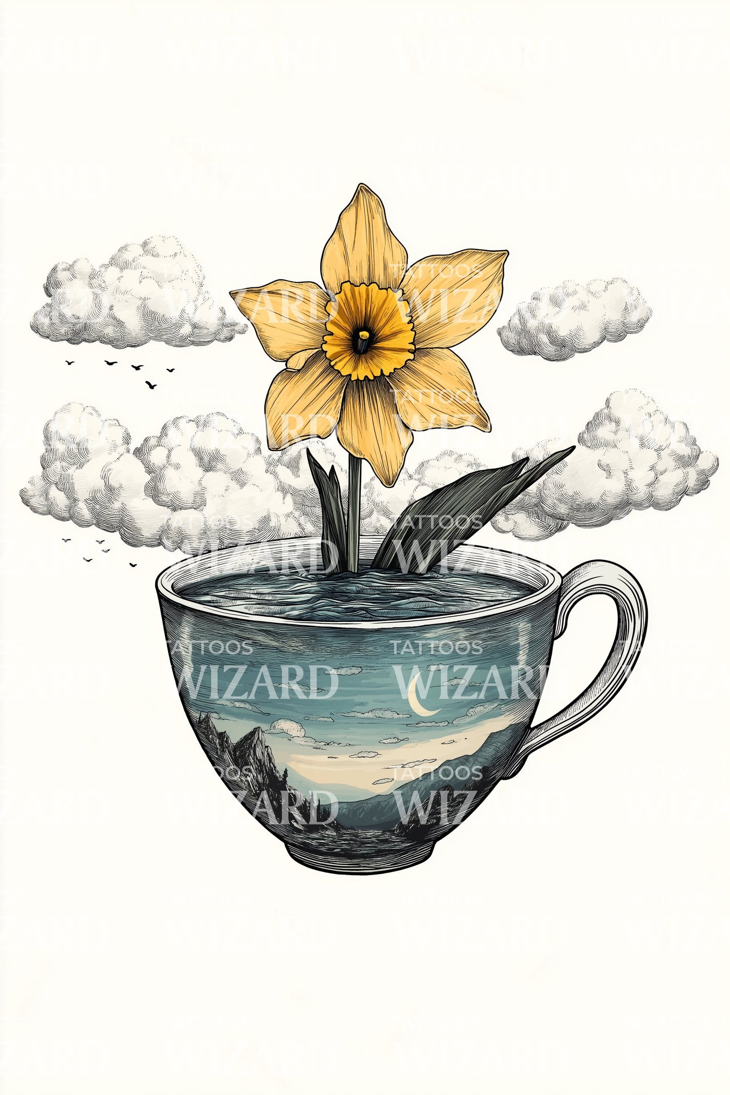 Smaragdgrünes Teetassenblüten-Tattoo-Illustration
