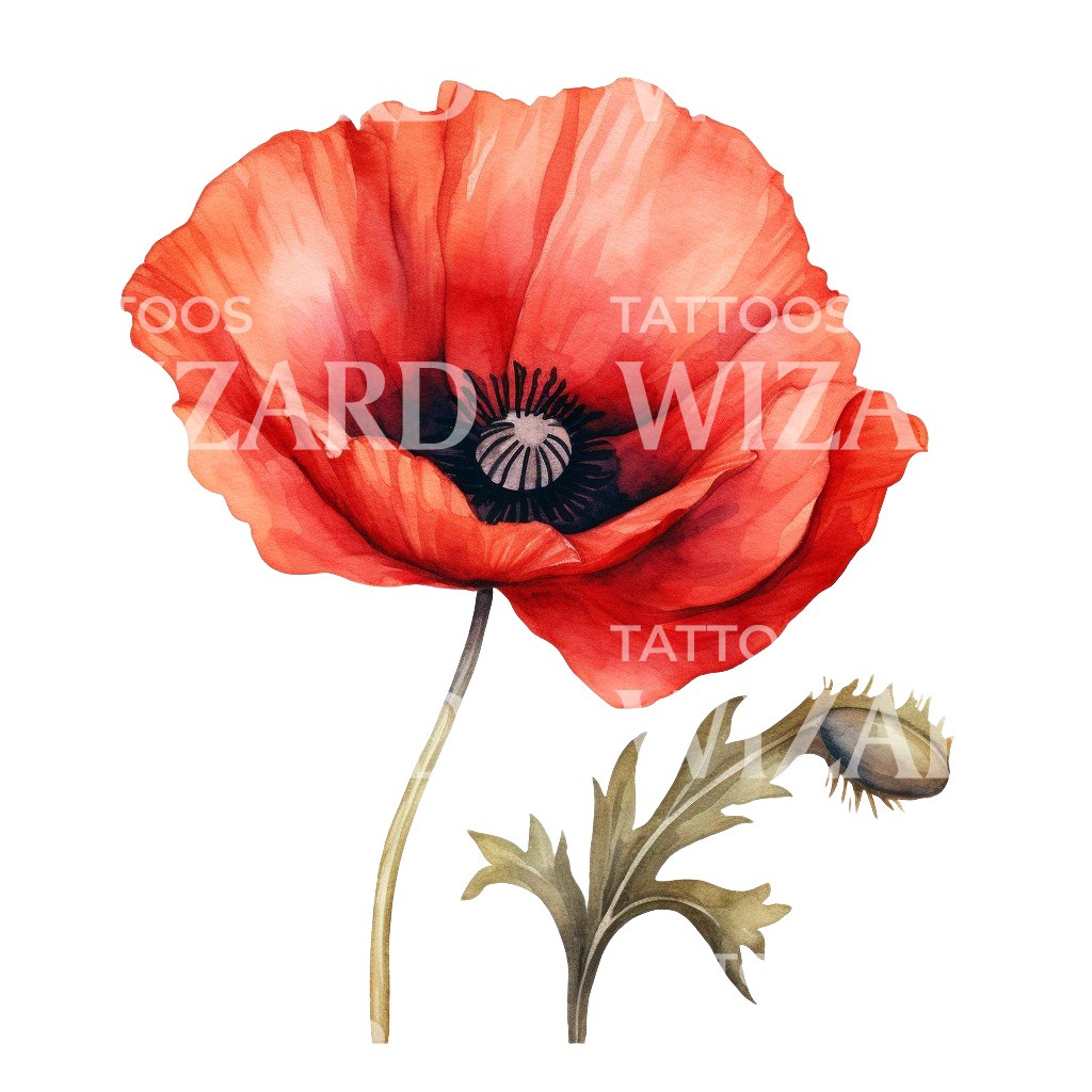Watercolor Poppy Flower Tattoo Design