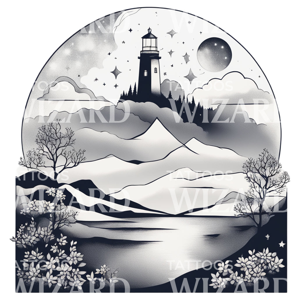 Landscape with a Lighthouse Moon Clouds and Trees Tattoo Design