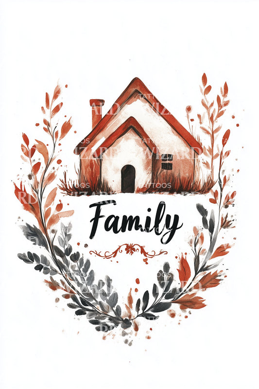 Family Cozy Cottage Tattoo Illustration