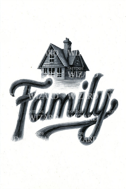 Family Home Script Tattoo Design