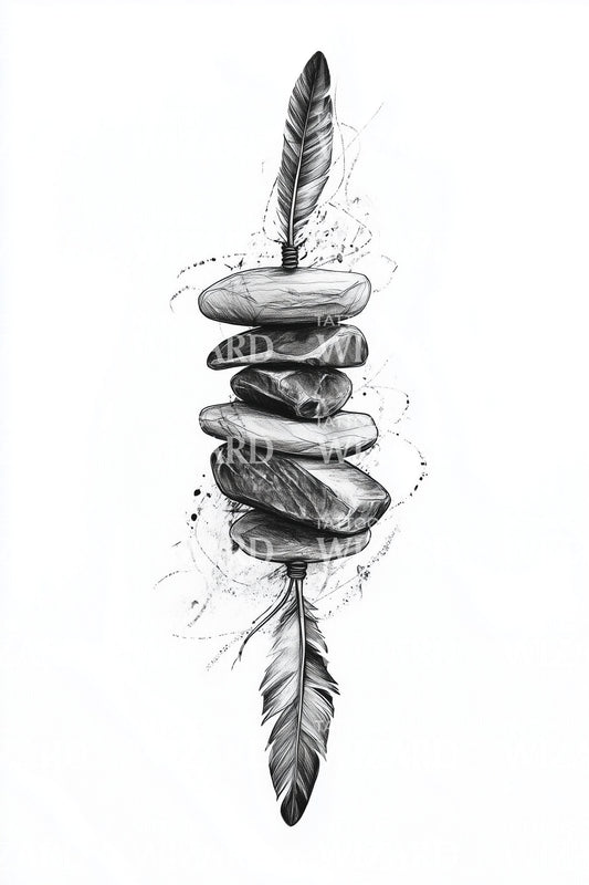 Feather with Balanced Stones Tattoo Idea