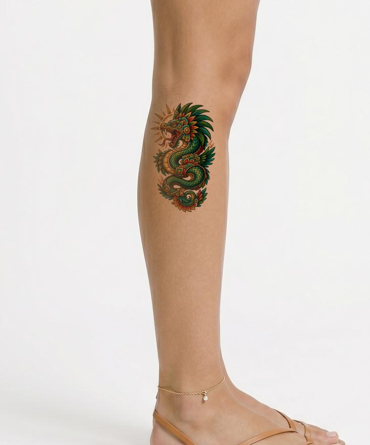 Neo Traditional Feathered Serpent Tattoo Design