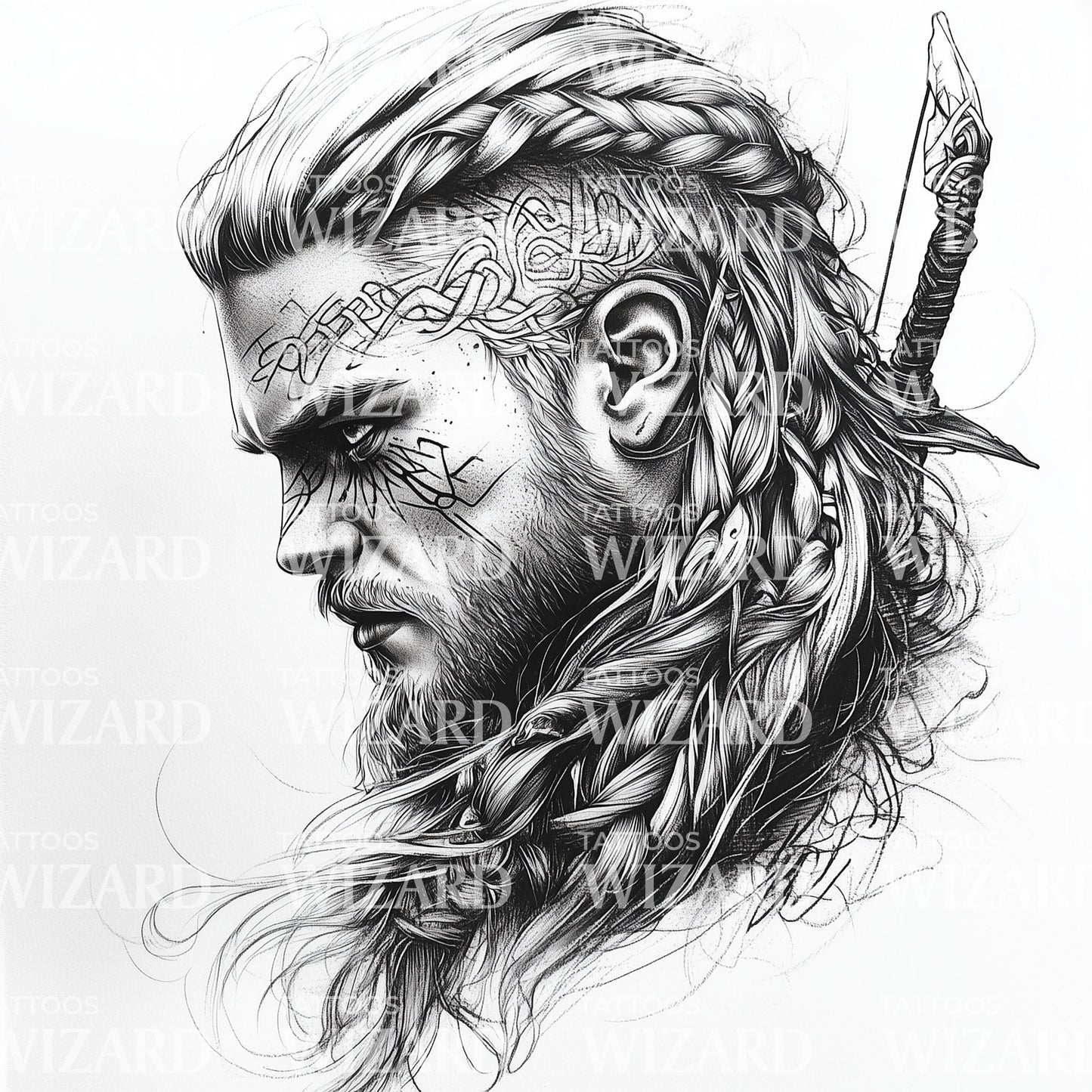Idea de Tatuaje de Guerrero Vikingo Feroz Tatuado con Espada y Trenzas