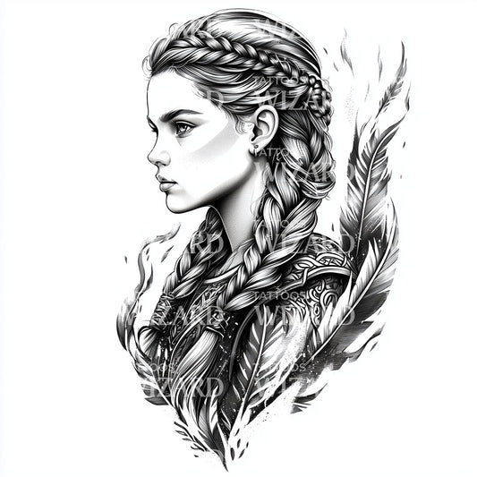 Diseño de tatuaje de joven vikinga feroz con cabello trenzado