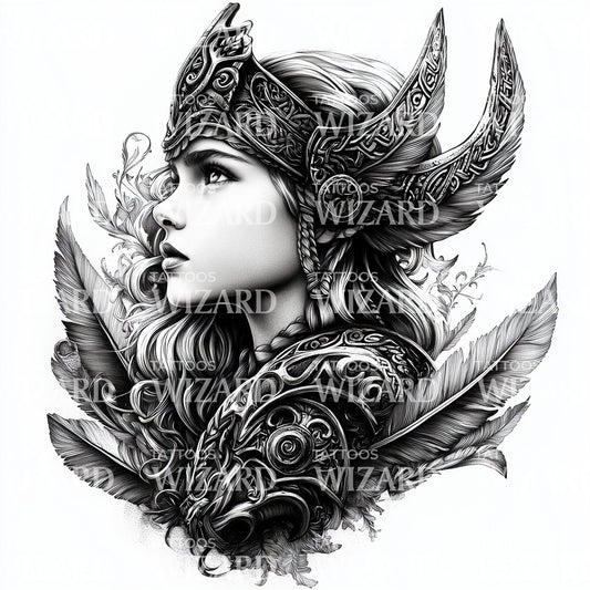 Diseño de Tatuaje de Fiera Joven Vikinga con Casco