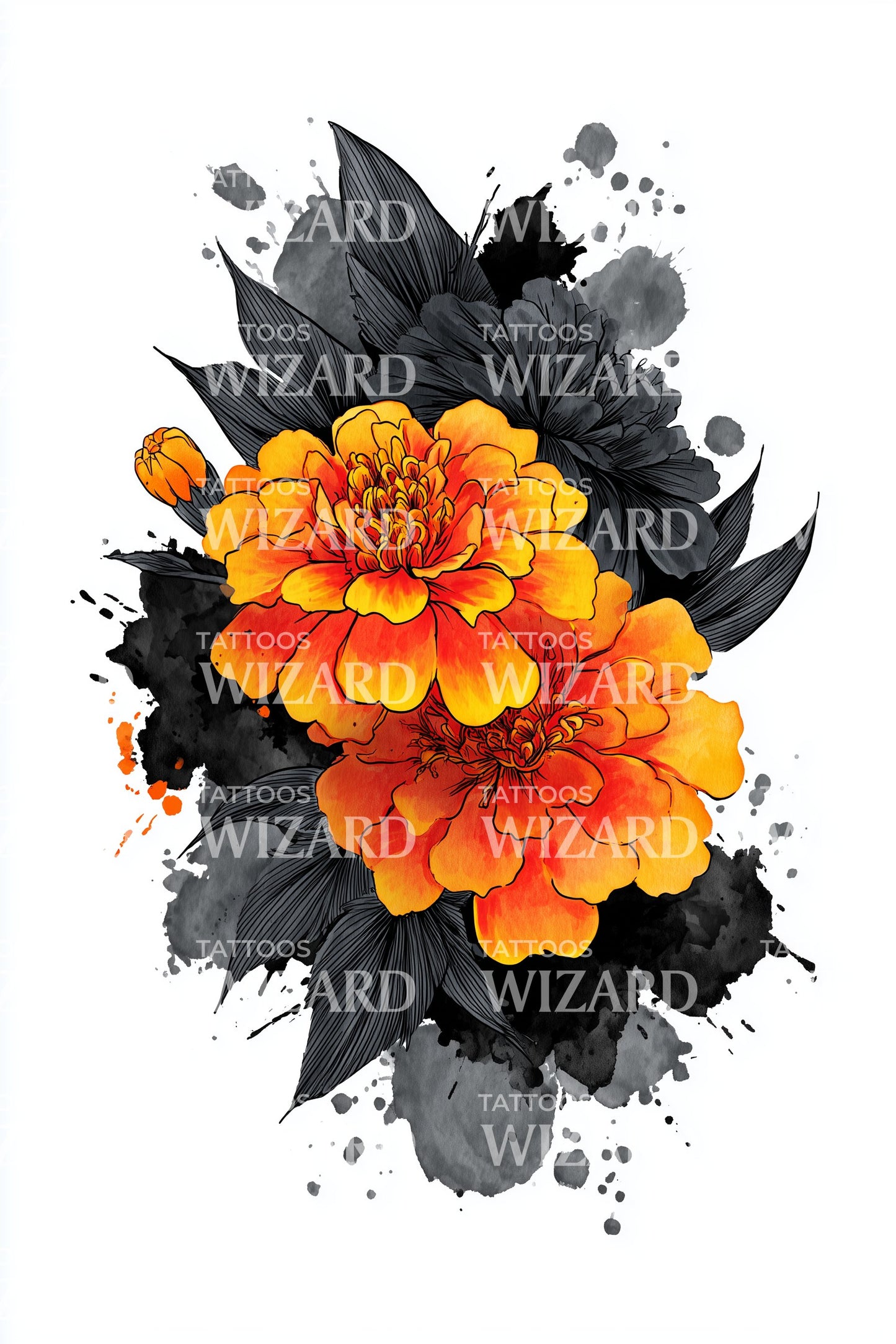 Desenho de Tatuagem de Peônia Flamejante em Aquarela