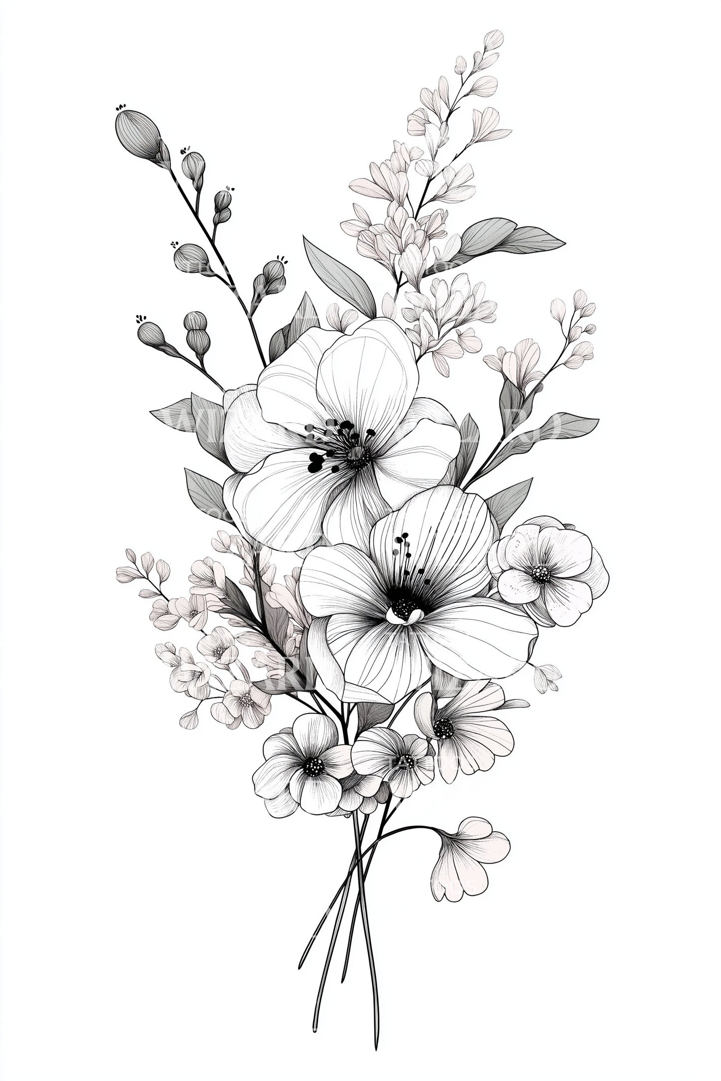 Fine Line Blossom Bouquet Tattoo Design