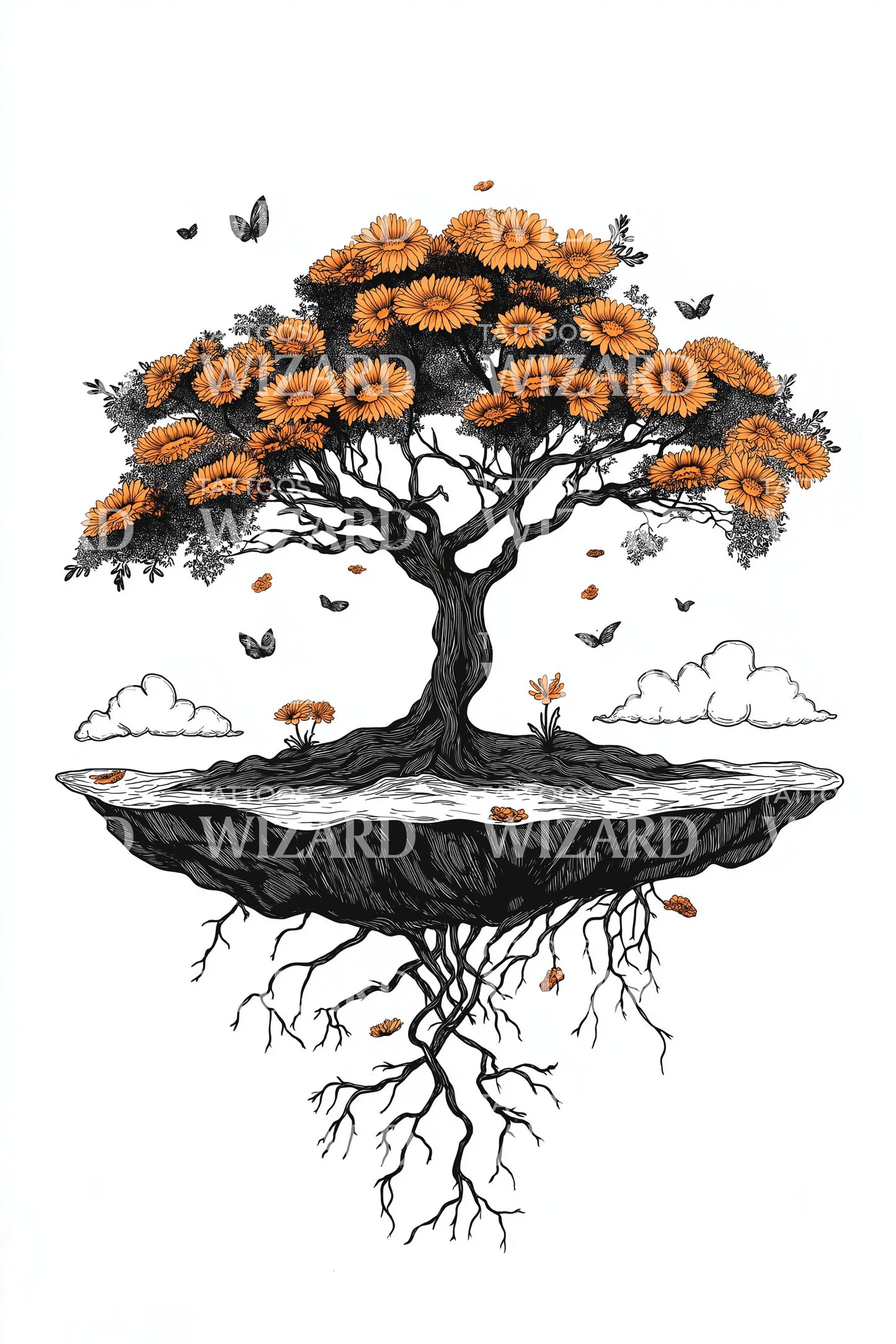 Design de Tatuagem de Flor de Bonsai Flutuante