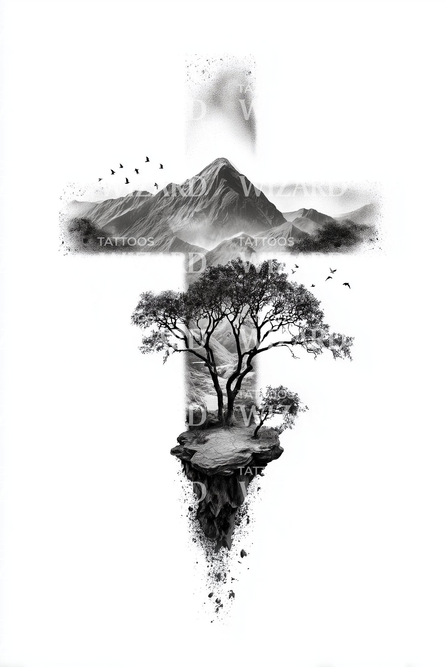 Floating Cross Mountain Tattoo Illustration