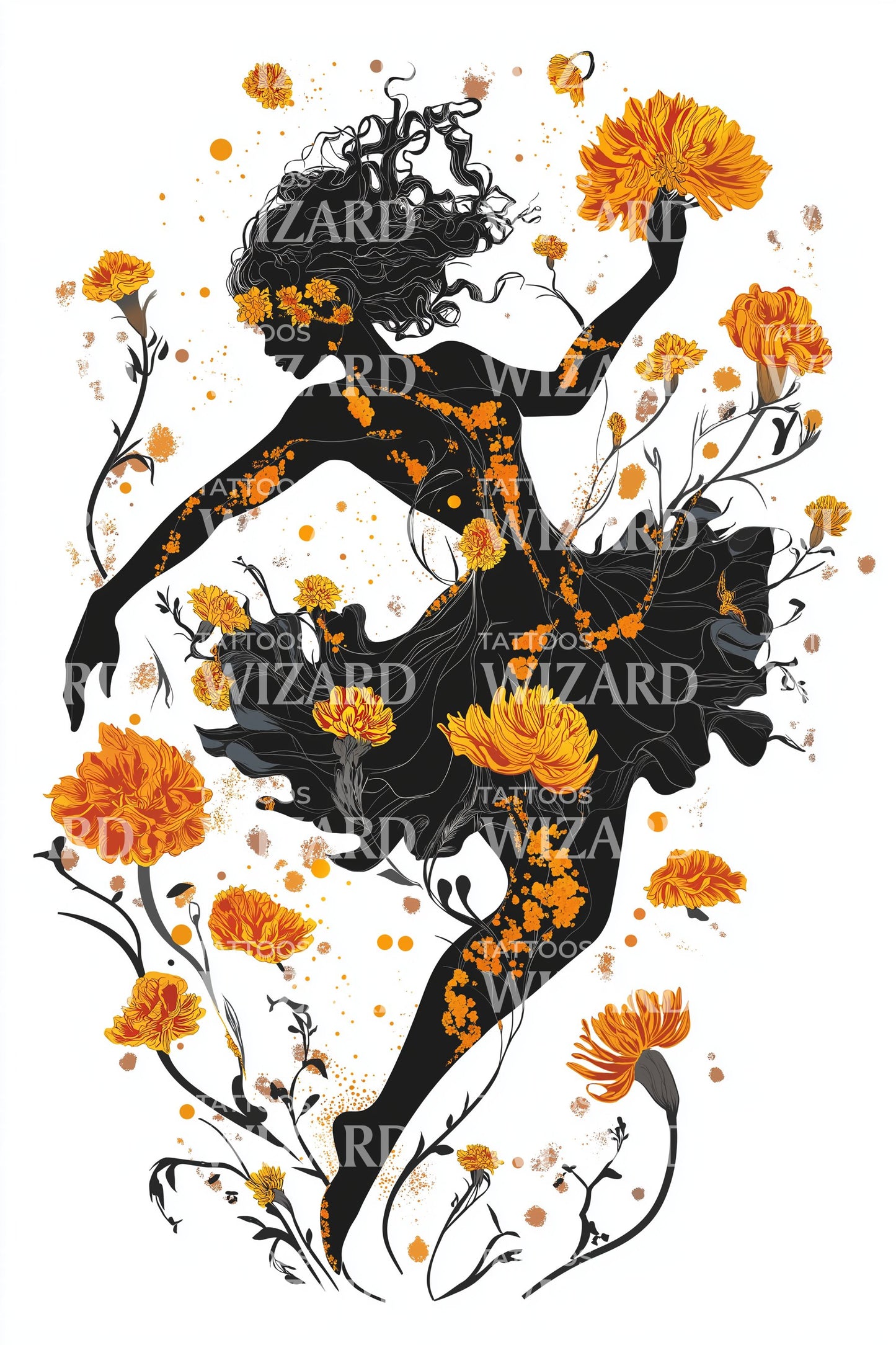 Ilustração de Tatuagem em Aquarela de Dançarina Floral