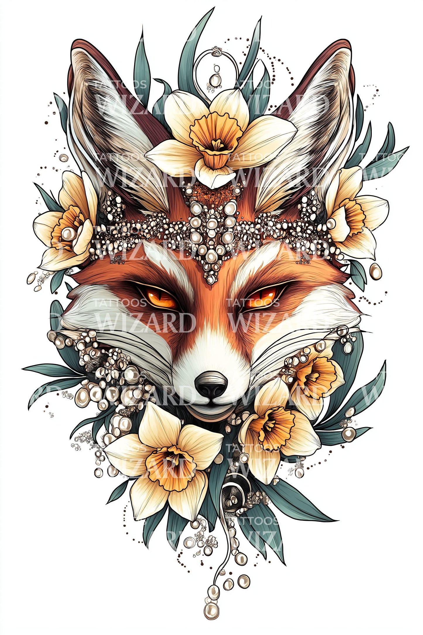 Design de Tatuagem de Retrato de Raposa Floral