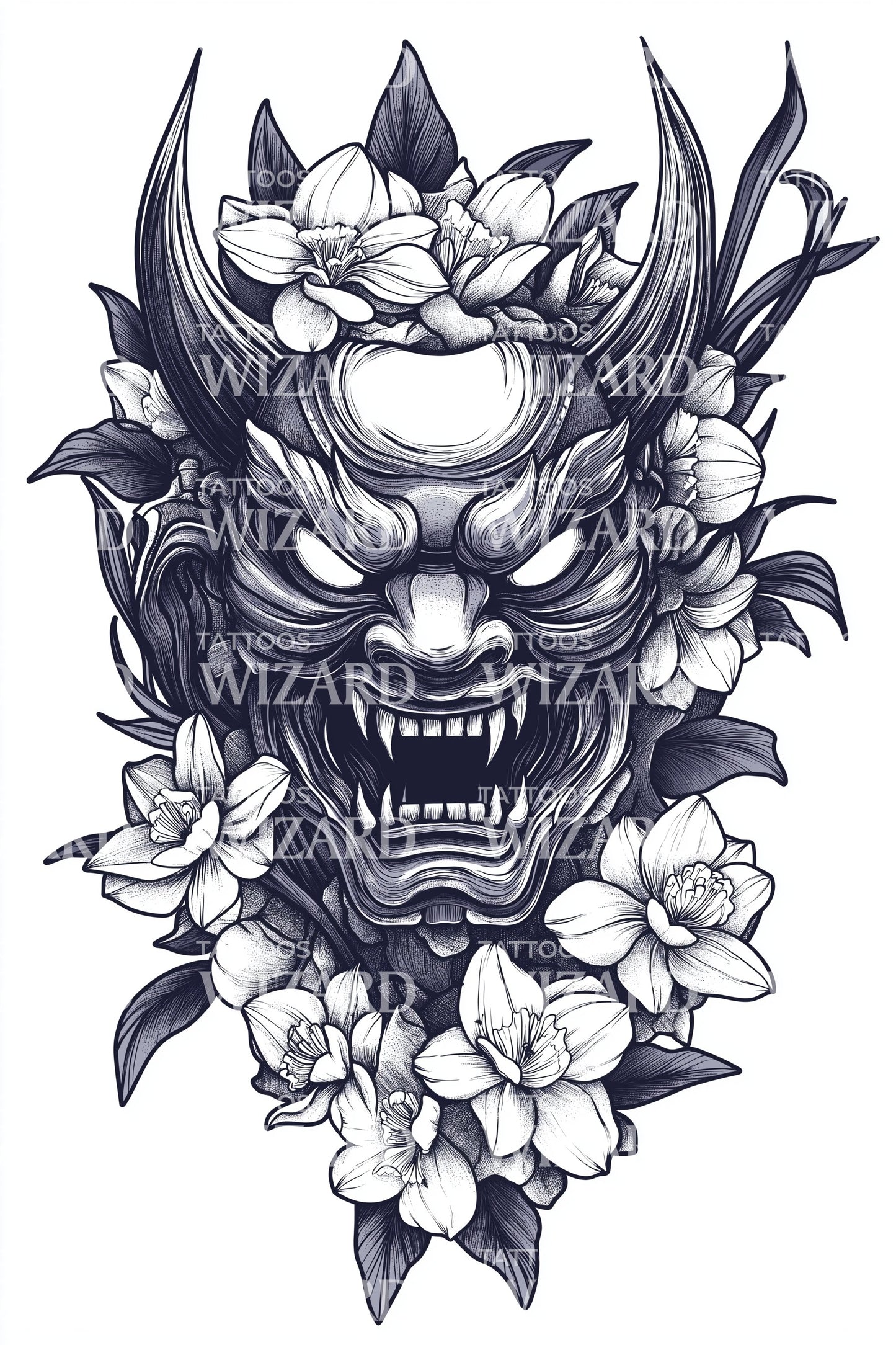 Floral Oni Mask Tattoo Design