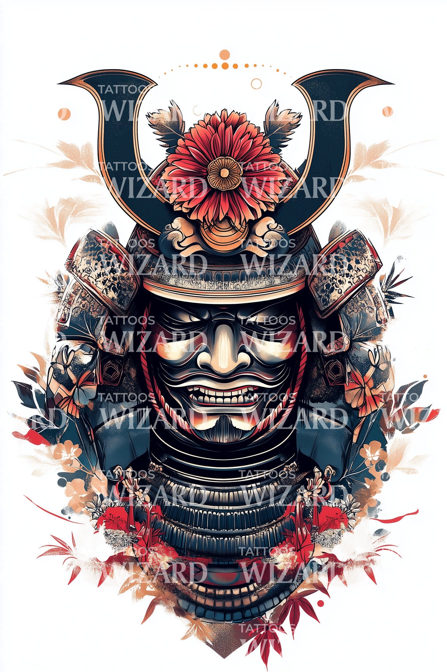 Desenho de Tatuagem de Máscara Samurai Floral